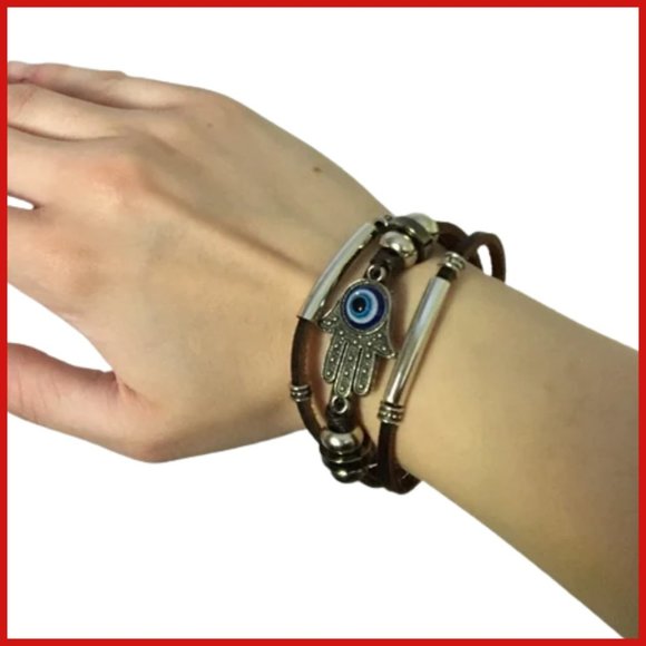 Stainless Steel Leather and Beaded Hamsa/Hand of Fatima Evil Eye NWT - Picture 2 of 6